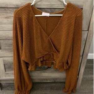 PINK Lily Long Sleeve V-Neck Cropped Lightweight Top